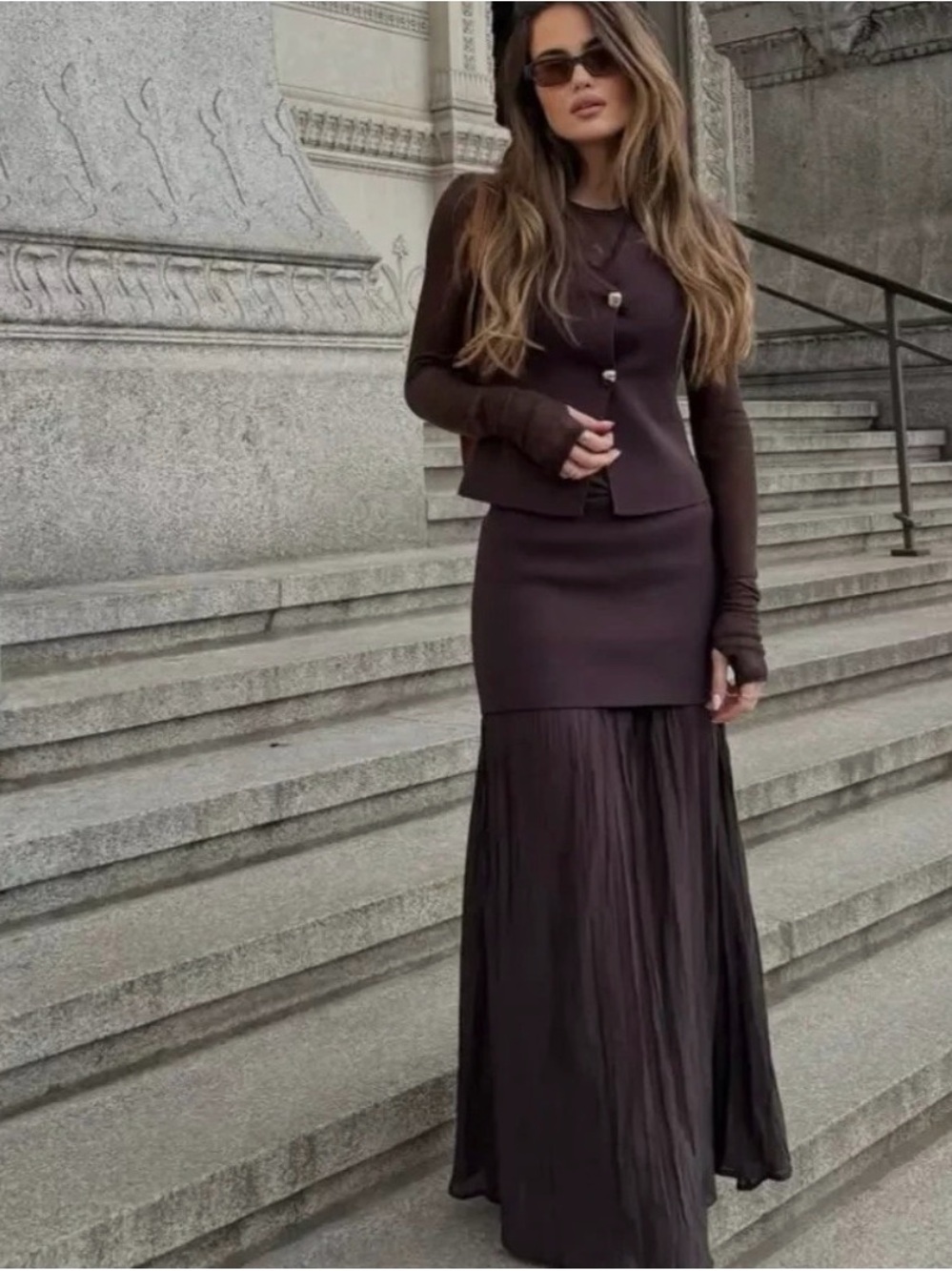 Zara Dark Brown Maxi Skirt with Pleated Panel